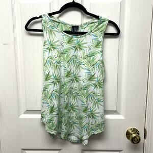 Cynthia Rowley Stretch Cotton Tank, White Green Blue Palm Leaves, Women's Size M